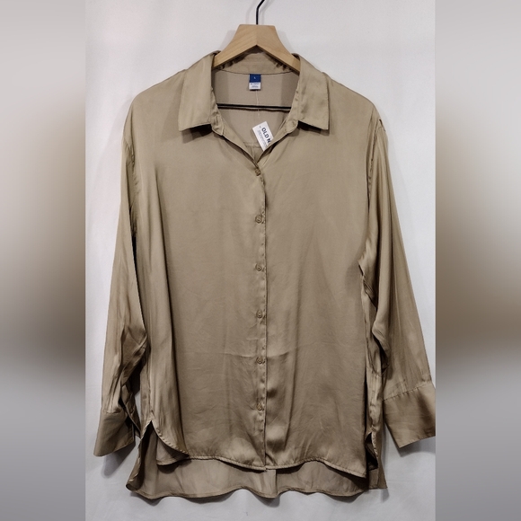 NWT Old Navy Silky Button Shirt Womens L Gold Retro 90s Y2K Casual Minimalist - Picture 1 of 9